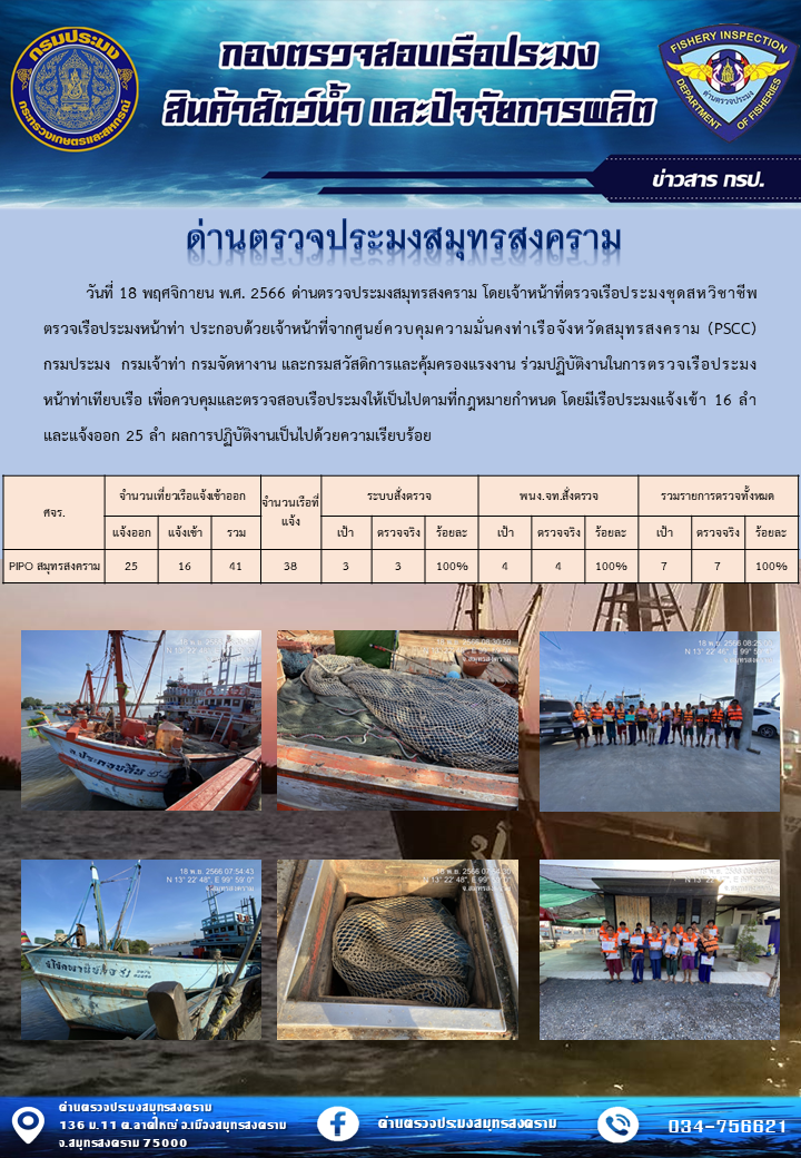 สถิติการแจ้งเข้า - ออกเรือประมงพาณิชย์ ด่านตรวจประมงสมุทรสงคราม ประจำวันที่ 18 พฤศจิกายน 2566..คลิก