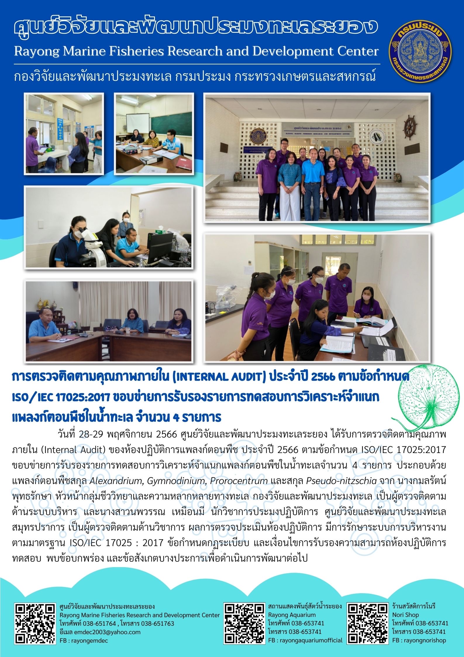 เมื่อวันที่ 28 – 29 พฤศจิกายน 2566 ศูนย์วิจัยและพัฒนาประมงทะเลระยอง ได้รับการรวจติดตามคุณภาพภายใน (Internal Audit) ของห้องปฏิบัติการแพลงตอนพืช ประจำปี 2566 ตามข้อกำหนด ISO/IEC 17025:2017 ขอบข่ายการรับรองรายการทดสอบการทดสอบการวิเคราะห์จำแนกแพลงตอนพืชในน้ำทะเลจำนวน 4 รายการ ประกอบด้วยแพลงตอนพืชสกุล Alexandrium, Gymnodinium, Prorocentrum  และสกุล Pseudo-nitzschia จาก นางกมลรัตน์ พุทธรักษา หัวหน้ากลุ่มชีววิทยาและความหลากหลายทางทะเล กองวิจัยและพัฒนาประมงทะเล เป็นผู้ตรวจติดตามด้านระบบบริหาร และนางสาวนพวรรณ เหมือนมี นักวิชาการประมงปฏิบัติการ ศูนย์วิจัยและพัฒนาประมงทะเลสมุทรปราการ ฯลฯ..คลิก