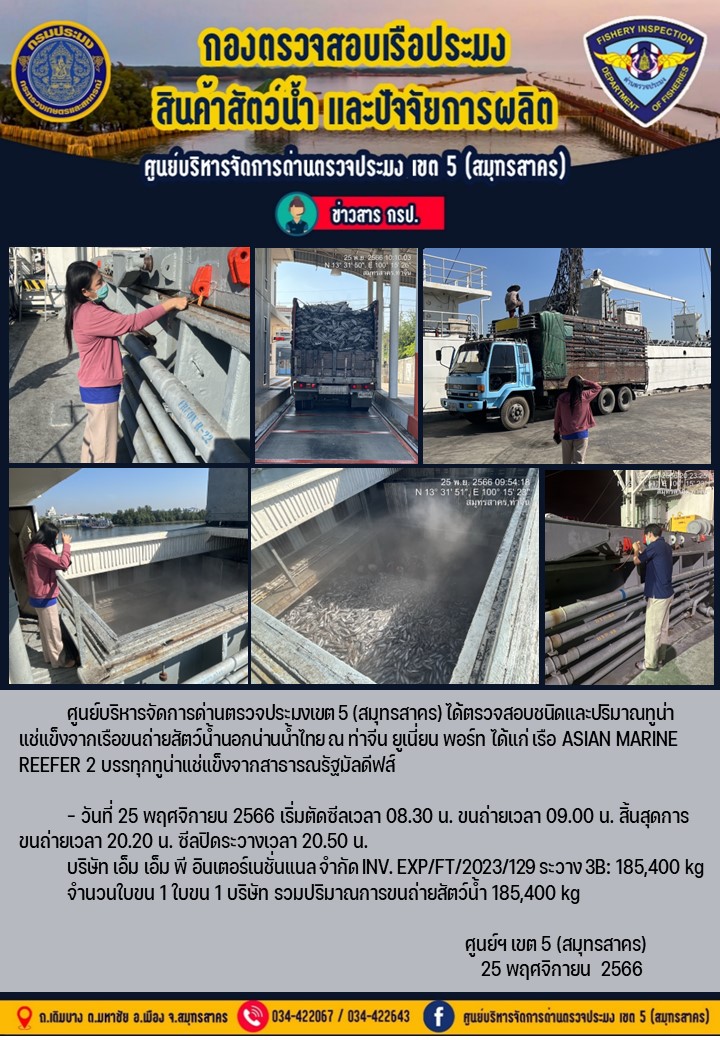 การขนถ่ายทูน่าแช่แข็งจากเรือขนถ่ายสัตว์น้ำสัญชาติไทย เรือ ASIAN MARINE REEFER บรรทุกทูน่าแช่แข็งจากประเทศมัลดีฟส์ วันที่ 25 พฤศจิกายน 2566..คลิก