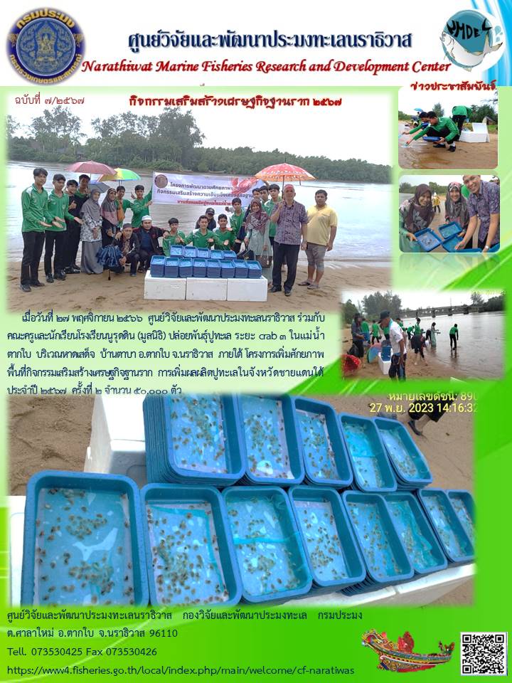 ปล่อยพันธุ์ปูทะเล กิจกรรมเสริมสร้างเศรษฐกิจฐานราก การเพิ่มผลผลิตปูทะเลในจังหวัดชายแดนใต้ ครั้งที่ 2 ประจำปีงบประมาณ 2567..คลิก