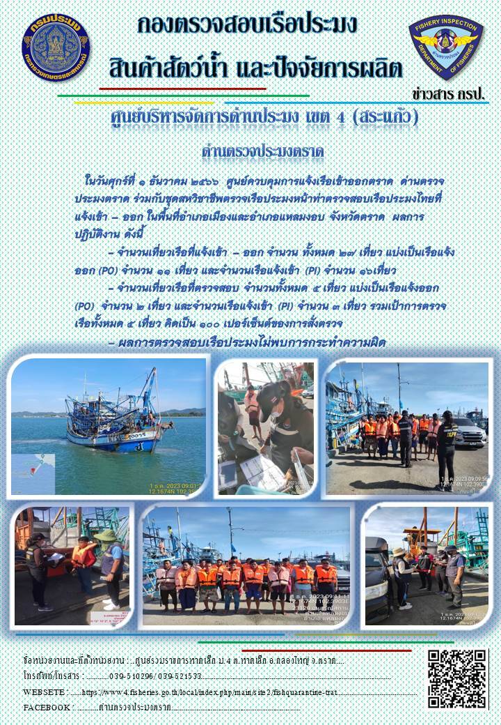 ผลการปฏิบัติงานของศูนย์ควบคุมการแจ้งเรือเข้าออกตราด ด่านตรวจประมงตราด ประจำวันที่ 1 ธันวาคม 2566..คลิก