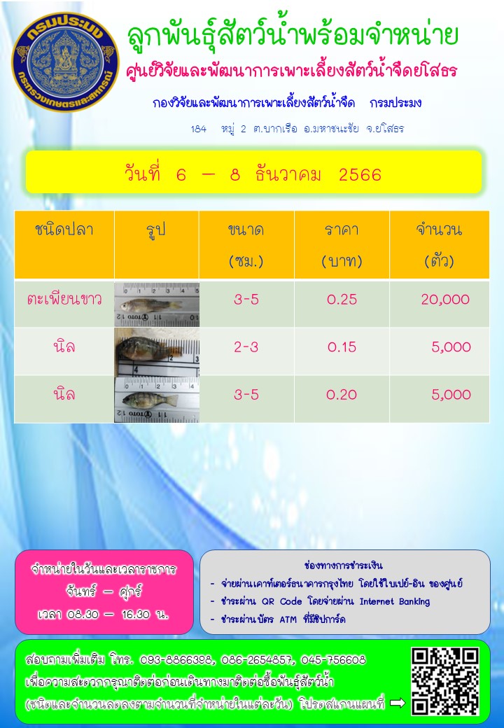 ลูกพันธุ์สัตว์น้ำพร้อมจำหน่าย 6-8 ธ.ค. 2566..คลิก