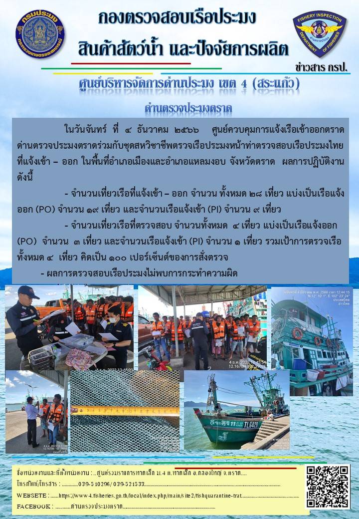 ผลการปฏิบัติงานของศูนย์ควบคุมการแจ้งเรือเข้าออกตราด ด่านตรวจประมงตราด ประจำวันที่ 4 ธันวาคม 2566..คลิก