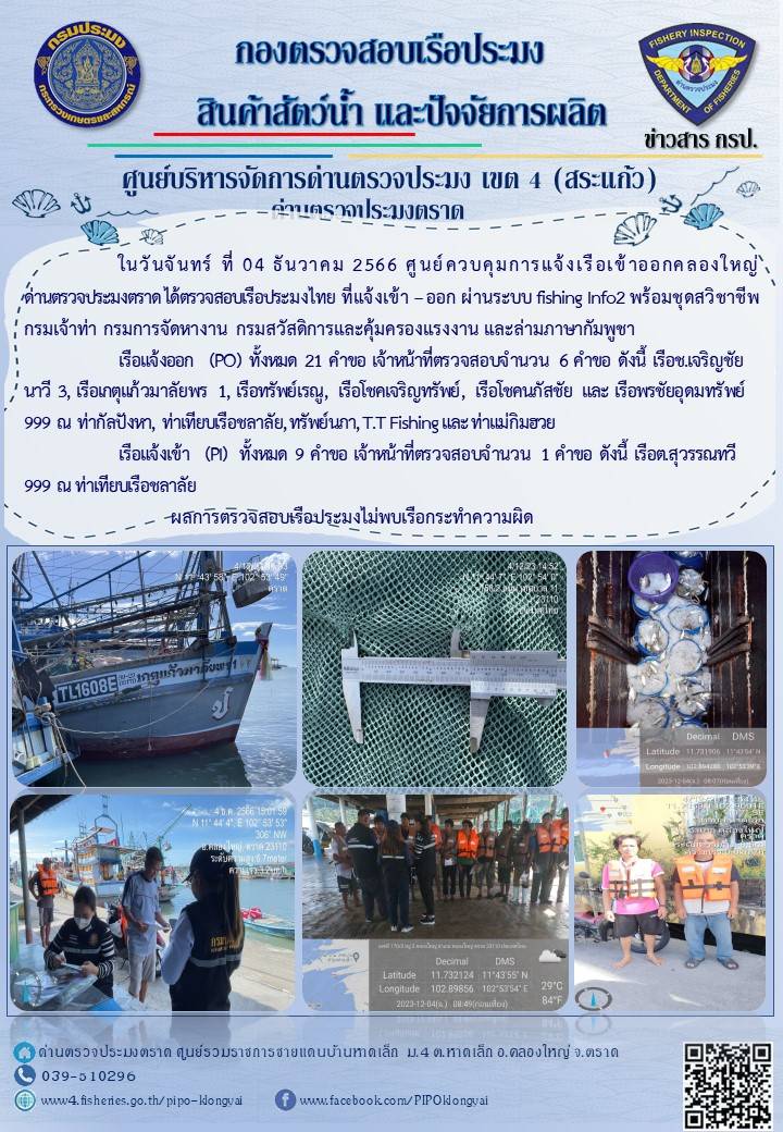 ผลการปฏิบัติงานของศูนย์ควบคุมการแจ้งเรือเข้าออกคลองใหญ่ ด่านตรวจประมงตราด ประจำวันที่ 4 ธันวาคม 2566..คลิก