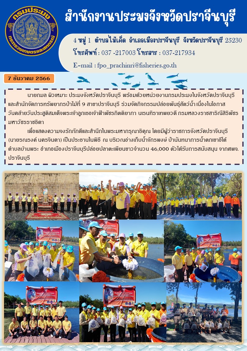 ข่าวประชาสัมพันธ์  ร่วมกิจกรรมปล่อยพันธ์สัตว์นำ้เนื่องในโอกาสวันคล้ายวันประสูติสมเด็จพระเจ้าลูกเธอเจ้าฟ้าพัชรกิตติยาภา นเรนทิราเทพยวดี กรมหลวงราชสาริณีสิริพัชร มหาวัชรราชธิดา..คลิก