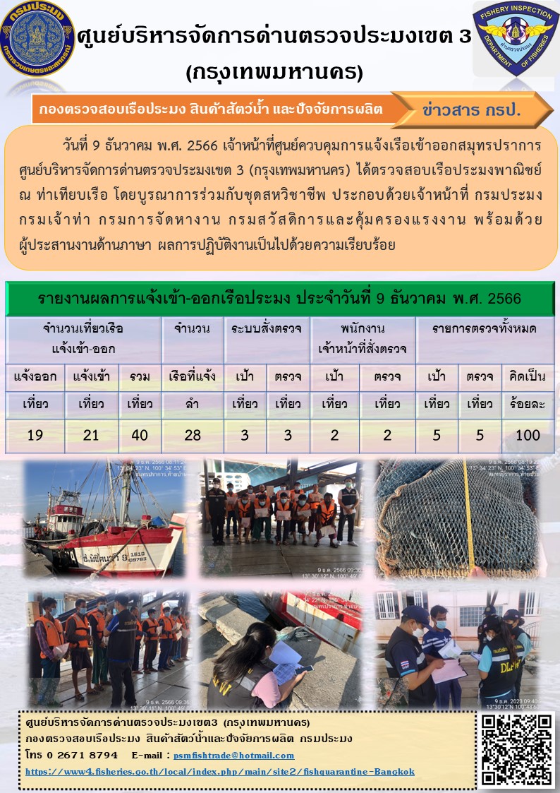 ประชาสัมพันธ์ศูนย์บริหารจัดการด่านตรวจประมงเขต 3 (กรุงเทพมหานคร) ประจำวันที่ 10 ธันวาคม 2566..คลิก