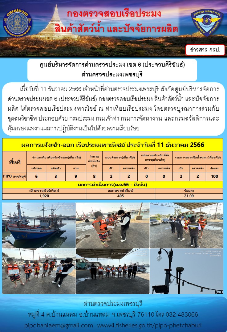 ข่าวประชาสัมพันธ์ ด่านตรวจประมงเพชรบุรี สถิติเรือที่แจ้งเข้า - ออก ประจำวันที่ 11 ธ.ค. 2566..คลิก