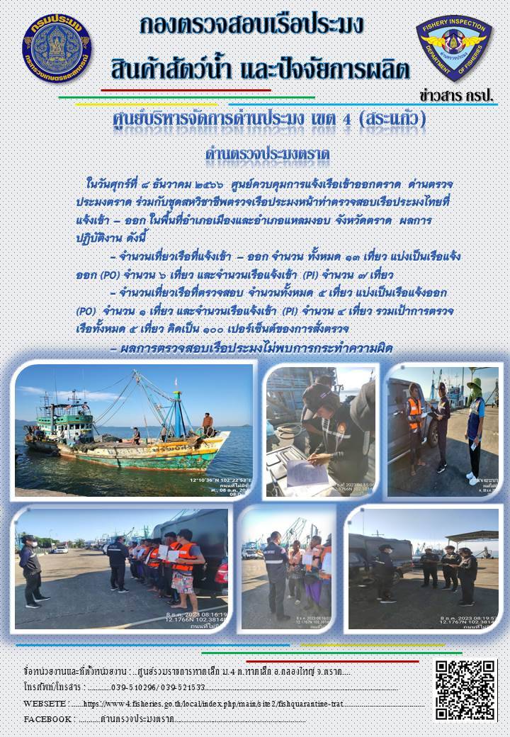 ผลการปฏิบัติงานของศูนย์ควบคุมการแจ้งเรือเข้าออกตราด ด่านตรวจประมงตราด ประจำวันที่ 8 ธันวาคม 2566..คลิก