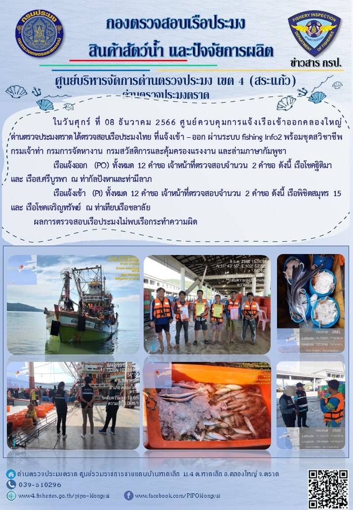 ผลการปฏิบัติงานของศูนย์ควบคุมการแจ้งเรือเข้าออกคลองใหญ่ ด่านตรวจประมงตราด ประจำวันที่ 8 ธันวาคม 2566..คลิก