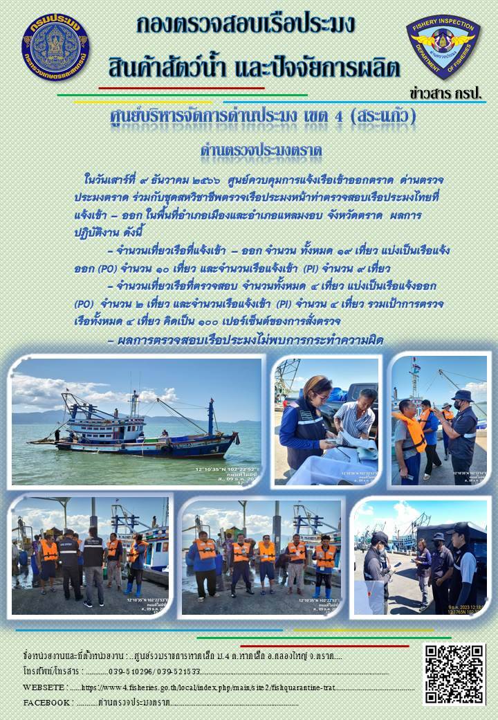 ผลการปฏิบัติงานของศูนย์ควบคุมการแจ้งเรือเข้าออกตราด ด่านตรวจประมงตราด ประจำวันที่ 9 ธันวาคม 2566..คลิก