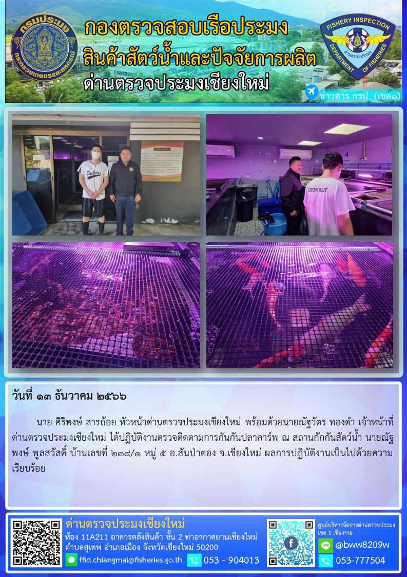 13 ธ.ค. 2566  นาย ศิริพงษ์ สารถ้อย หัวหน้าด่านตรวจประมงเชียงใหม่ พร้อมด้วยนายณัฐวัตร ทองดำ เจ้าหน้าที่ด่านตรวจประมงเชียงใหม่ ได้ปฏิบัติงานตรวจติดตามการกันกันปลาคาร์พ..คลิก