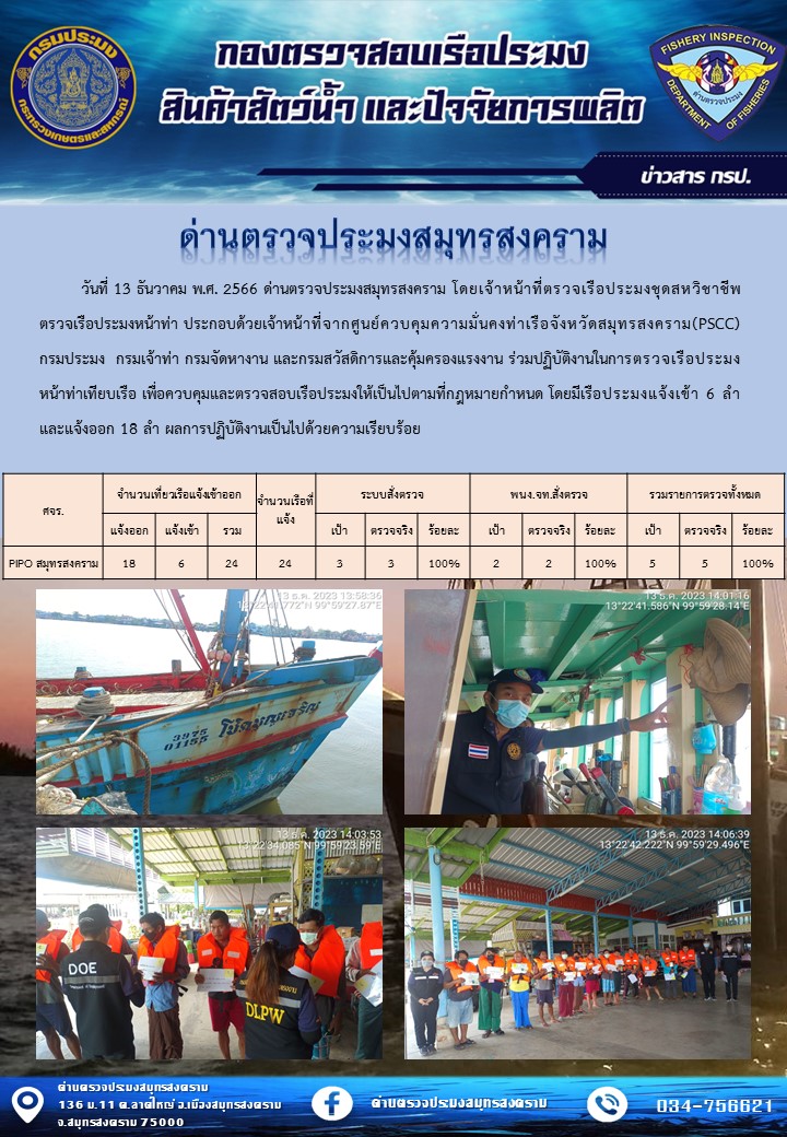 สถิติการแจ้งเข้า - ออกเรือประมงพาณิชย์ ด่านตรวจประมงสมุทรสงคราม ประจำวันที่ 13 ธันวาคม 2566..คลิก