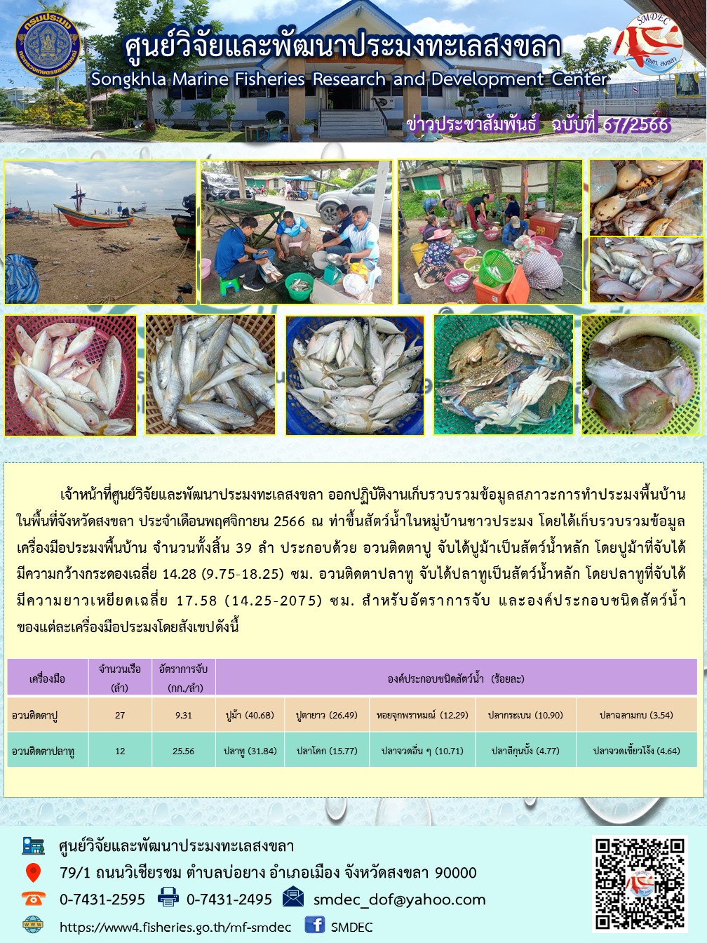 เจ้าหน้าที่ศูนย์วิจัยและพัฒนาประมงทะเลสงขลา ออกปฏิบัติงานเก็บรวบรวมข้อมูลสภาวะการทำประมงพื้นบ้านในพื้นที่จังหวัดสงขลา ประจำเดือนพฤศจิกายน 2566 ณ ท่าขึ้นสัตว์น้ำในหมู่บ้านชาวประมง โดยได้เก็บรวบรวมข้อมูลเครื่องมือประมงพื้นบ้าน จำนวนทั้งสิ้น 39 ลำ ประกอบด้วย อวนติดตาปู จับได้ปูม้าเป็นสัตว์น้ำหลัก โดยปูม้าที่จับได้มีความกว้างกระดองเฉลี่ย 14.28 (9.75-18.25) ซม. อวนติดตาปลาทู จับได้ปลาทูเป็นสัตว์น้ำหลัก โดยปลาทูที่จับได้ มีความยาวเหยียดเฉลี่ย 17.58 (14.25-2075) ซม. สำหรับอัตราการจับ และองค์ประกอบชนิดสัตว์น้ำของแต่ละเครื่องมือประมงโดยสังเขปดังนี้..คลิก