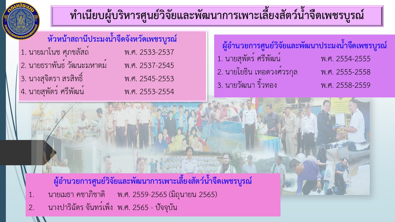 ทำเนียบผู้บริหารศูนย์วิจัยและพัฒนาการเพาะเลี้ยงสัตว์น้ำจืดเพชรบูรณ์..คลิก