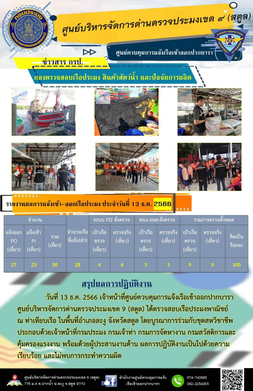 ประชาสัมพันธ์การปฏิบัติงานศูนย์บริหารจัดการด่านตรวจประมงเขต 9 (สตูล) ประจำวันที่ 11-15 ธันวาคม 2566