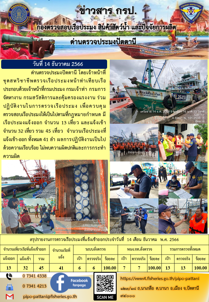 ข่าวสารการปฏิบัติงาน ด่านตรวจประมงปัตตานี วันที่ 14 ธันวาคม 2566..คลิก