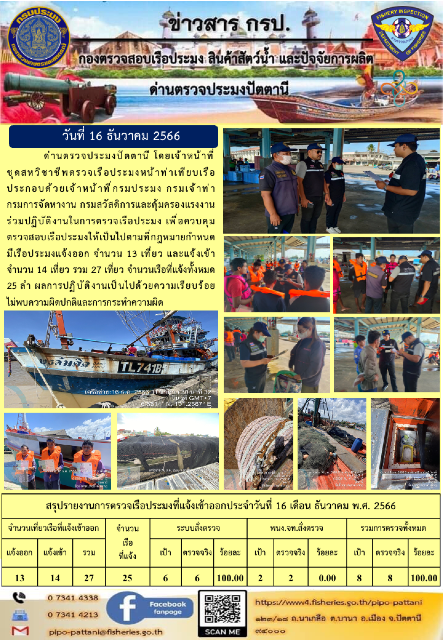 ข่าวสารการปฏิบัติงาน ด่านตรวจประมงปัตตานี วันที่ 16 ธันวาคม 2566..คลิก