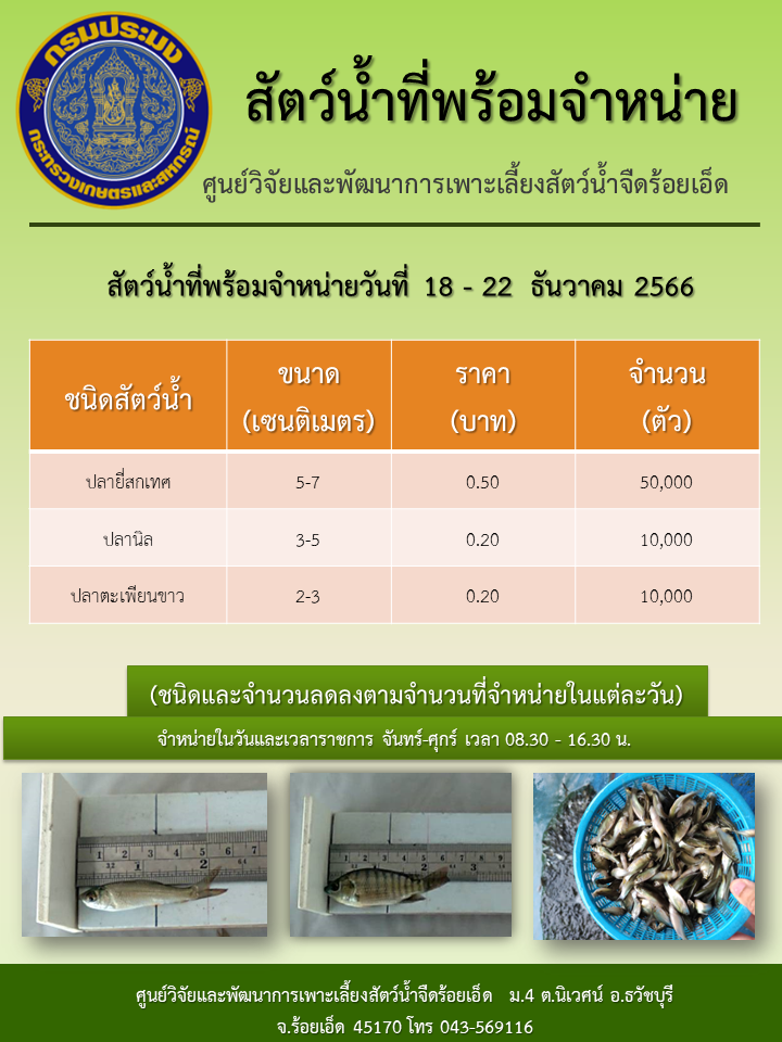 สัตว์น้ำที่พร้อมจำหน่ายวันที่ 18 - 22  ธันวาคม 2566..คลิก