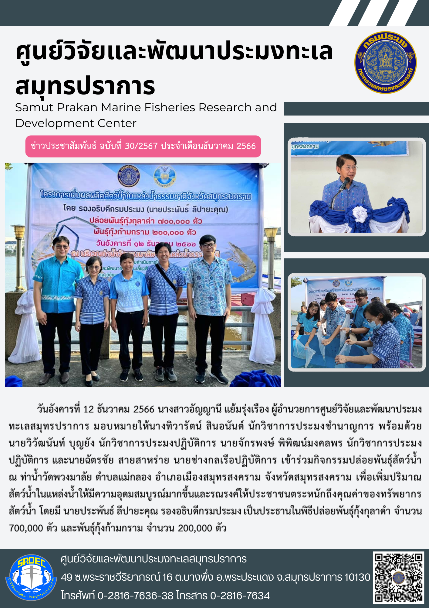 วันอังคารที่ 12 ธันวาคม 2566 นางสาวอัญญานี แย้มรุ่งเรือง ผู้อำนวยการศูนย์วิจัยและพัฒนาประมงทะเลสมุทรปราการ มอบหมายให้นางทิวารัตน์ สินอนันต์ นักวิชาการประมงชำนาญการ พร้อมด้วยนายวิวัฒนันท์ บุญยัง นักวิชาการประมงปฏิบัติการ นายจักรพงษ์ พิพิฒน์มงคลพร นักวิชาการประมงปฏิบัติการ และนายฉัตรชัย สายสาหร่าย นายช่างกลเรือปฏิบัติการ เข้าร่วมกิจกรรมปล่อยพันธุ์สัตว์น้ำ ณ ท่าน้ำวัดพวงมาลัย ตำบลแม่กลอง อำเภอเมืองสมุทรสงคราม จังหวัดสมุทรสงคราม ฯลฯ..คลิก