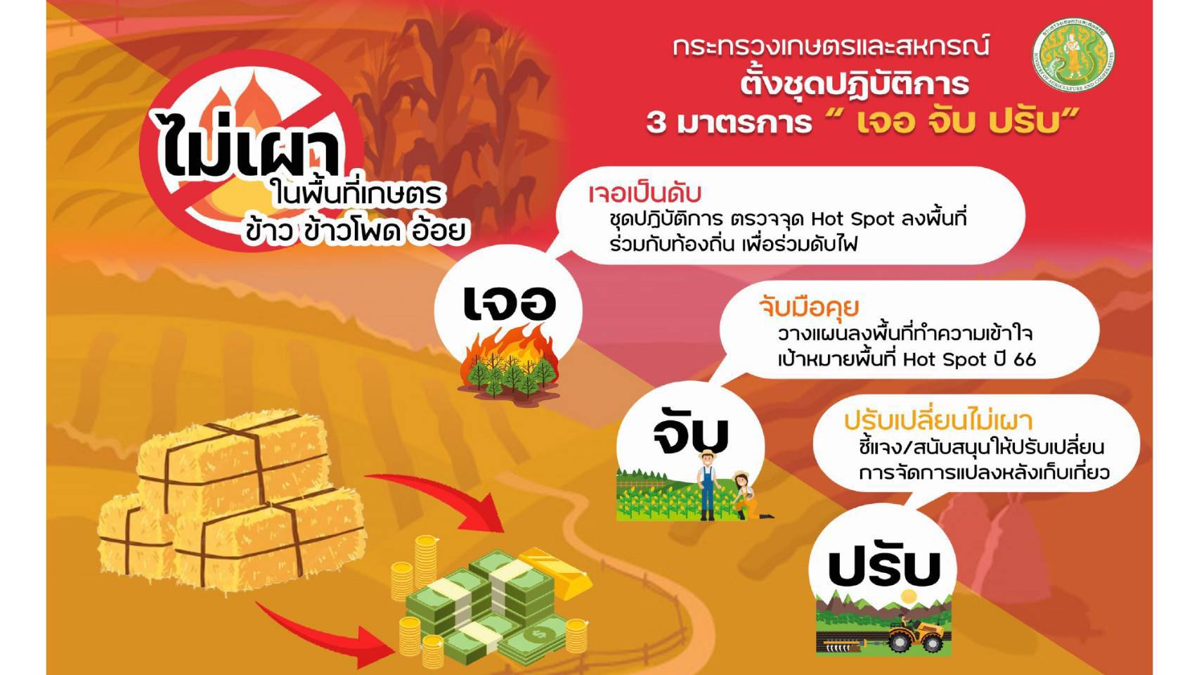 กระทรวงเกษตรและสหกรณ์ ตั้งชุดปฎิบัติการ 3 มาตรการ เจอ จับ ปรับ ไม่เผา ในพื้นที่เกษตร ข้าว ข้าวโพด อ้อย
