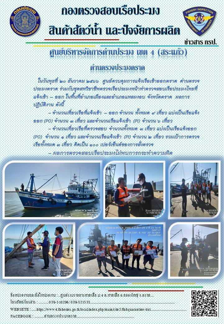 ผลการปฏิบัติงานของศูนย์ควบคุมการแจ้งเรือเข้าออกตราด ด่านตรวจประมงตราด ประจำวันที่ 20 ธันวาคม 2566..คลิก