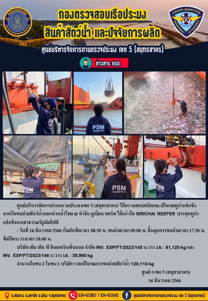 การขนถ่ายทูน่าแช่แข็งจากเรือขนถ่ายสัตว์น้ำสัญชาติไทย เรือ SIRICHAI REEFER บรรทุกทูน่าแช่แข็งจากประเทศมัลดีฟส์ วันที่ 16 ธันวาคม 2566..คลิก