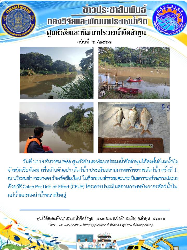 ศูนย์วิจัยและพัฒนาประมงน้ำจืดลำพูน ได้ลงพื้นที่ แม่น้ำปิง จังหวัดเชียงใหม่ เพื่อเก็บตัวอย่างสัตว์น้ำ ประเมินสถานภาพทรัพยากรสัตว์น้ำ ครั้งที่ 1. ณ บริเวณ อำเภอหางดง จังหวัดเชียงใหม่..คลิก