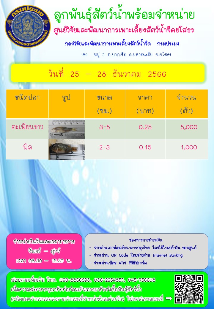 ลูกพันธุ์สัตว์น้ำพร้อมจำหน่าย 25 - 28 ธ.ค. 2566..คลิก
