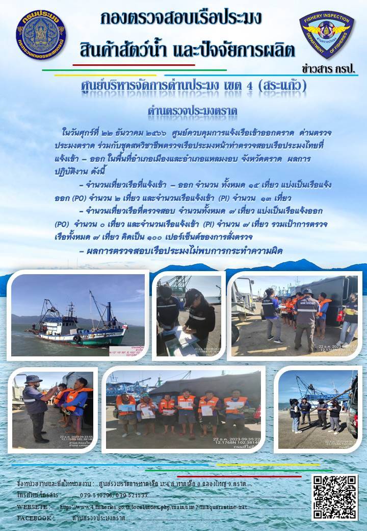ผลการปฏิบัติงานของศูนย์ควบคุมการแจ้งเรือเข้าออกตราด ด่านตรวจประมงตราด ประจำวันที่ 22 ธันวาคม 2566..คลิก
