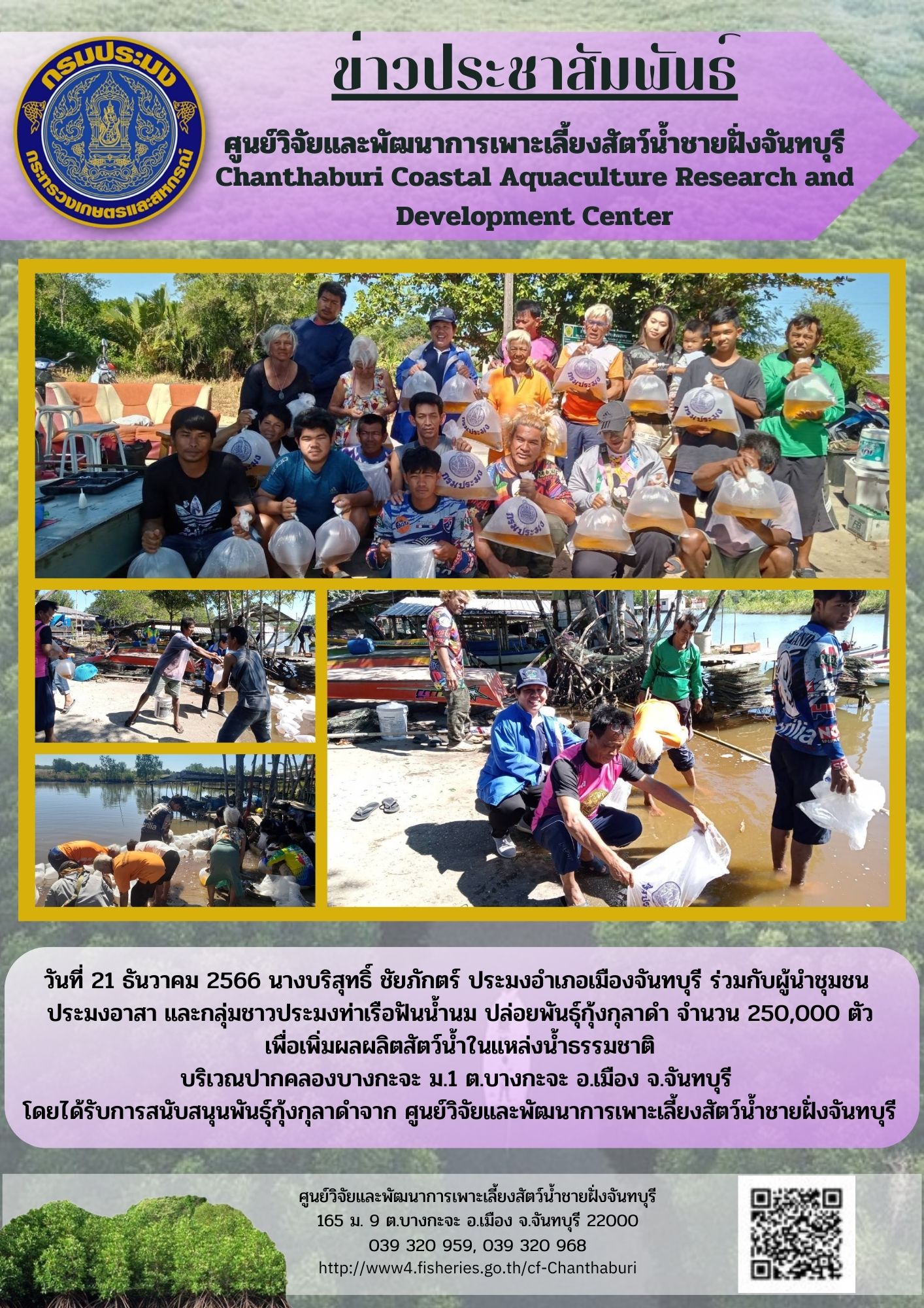 ศูนย์วิจัยและพัฒนาการเพาะเลี้ยงสัตว์น้ำชายฝั่งจันทบุรี สนับสนุนพันธุ์สัตว์น้ำปล่อยสู่ธรรมชาติ..คลิก