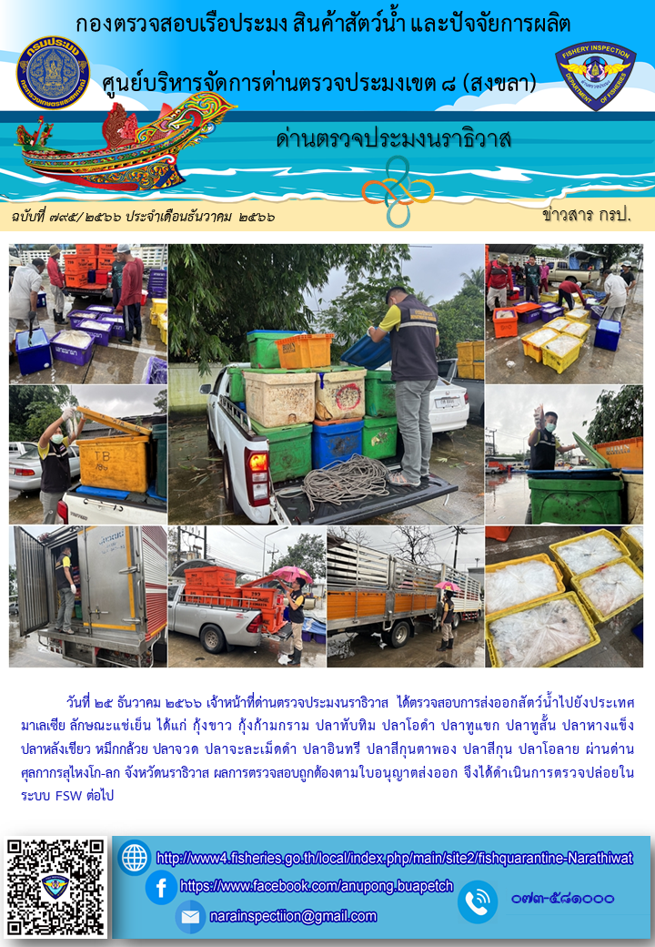 ประชาสัมพันธ์ด่านตรวจประมงนราธิวาส ประจำวันที่ 25 ธันวาคม 2566..คลิก