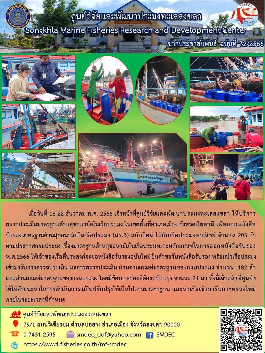 วันที่ 18-22 ธันวาคม 2566 เจ้าหน้าที่ศูนย์วิจัยและพัฒนาประมงทะเลสงขลา ให้บริการตรวจประเมินมาตรฐานด้านสุขอนามัยในเรือประมง ในเขตพื้นที่อำเภอเมือง จังหวัดปัตตานี เพื่อออกหนังสือรับรองมาตรฐานด้านสุขอนามัยในเรือประมง (สร.3) ฉบับใหม่ ให้กับเรือประมงพาณิชย์ จำนวน 203 ลำ ตามประกาศกรมประมง เรื่องมาตรฐานด้านสุขอนามัยในเรือประมงและหลักเกณฑ์ในการออกหนังสือรับรอง พ.ศ. 2566 ฯลฯ..คลิก