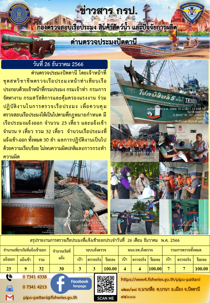 ข่าวสารการปฏิบัติงาน ด่านตรวจประมงปัตตานี วันที่  26 ธันวาคม 2566..คลิก
