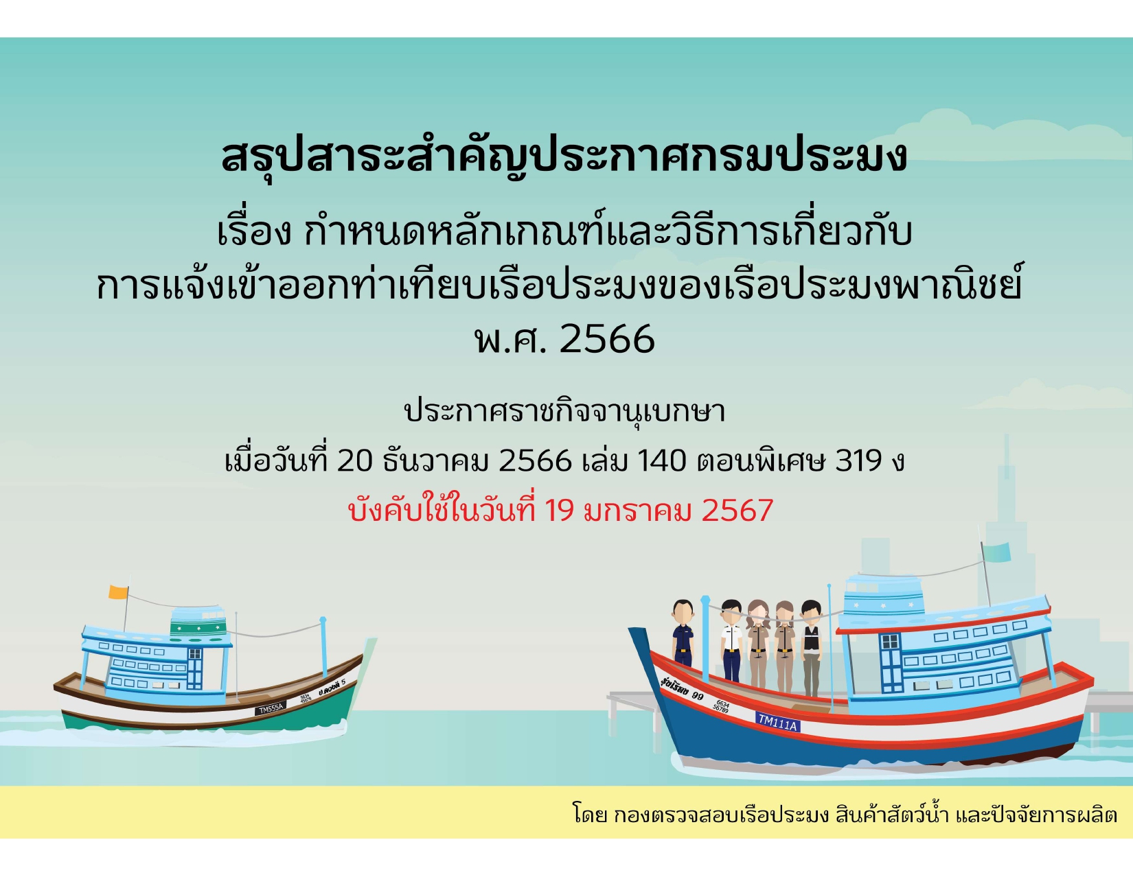 สรุปสาระสำคัญประกาศกรมประมง เรื่อง กำหนดหลักเกณฑ์และวิธีการเกี่ยวกับการแจ้งการเข้าออกท่าเทียบเรือประมงของเรือประมงพาณิชย์ พ.ศ. 2566