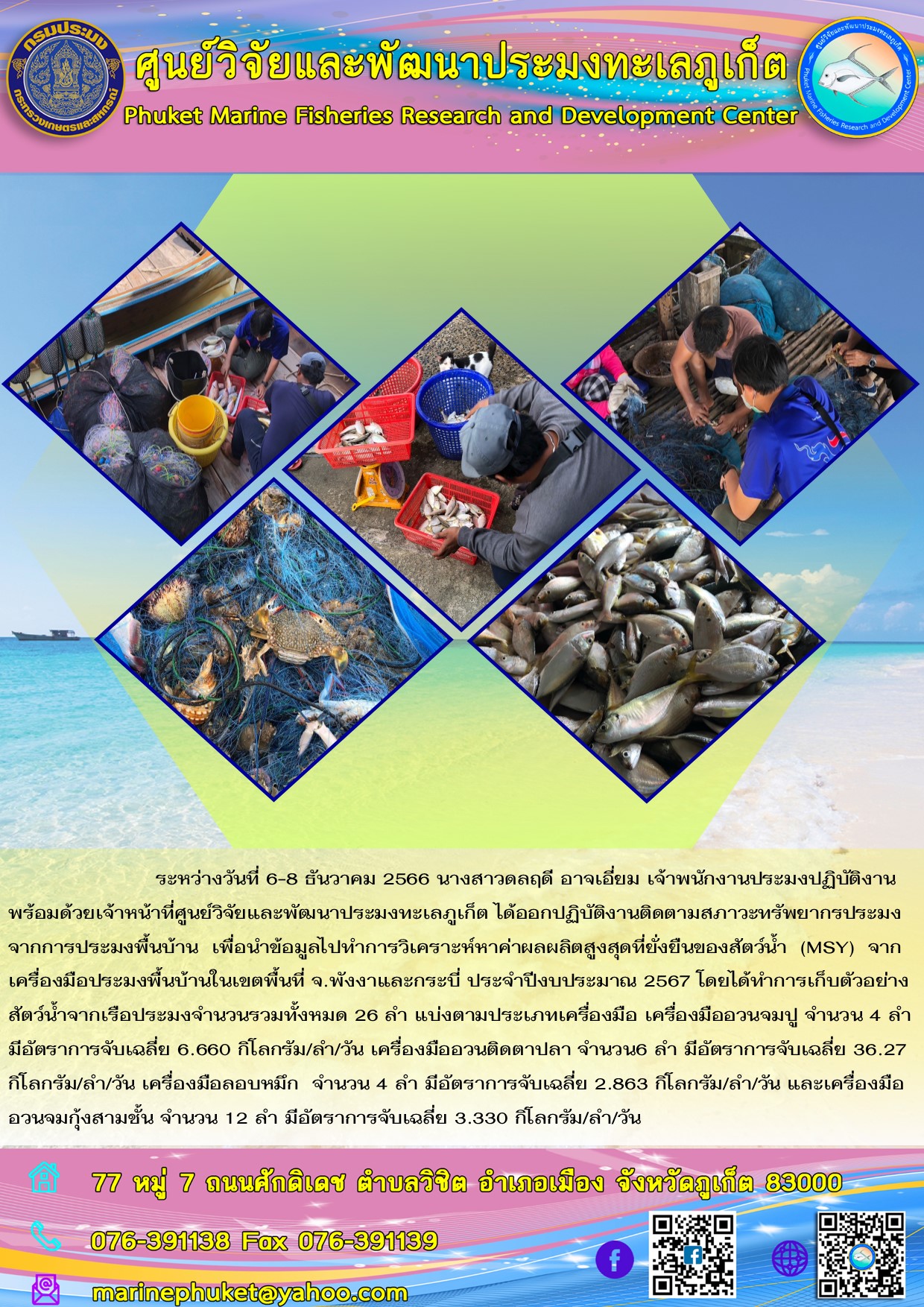 ระหว่างวันที่ 6-8 ธันวาคม 2566 นาวสาวดลฤดี อาจเอี่ยม เจ้าพนักงานประมงปฏิบัติงานพร้อมด้วยเจ้าหน้าที่ศูนย์วิจัยและพัฒนาประมงทะเลภูเก็ต ได้ออกปฏิบัติงานติดตามสภาวะทรัพยากรประมงจากการประมงพื้นบ้าน เพื่อนำข้อมูลไปทำการวิเคราะห์หาค่าผลผลิตสูงสุดที่ยั่งยืนของสัตว์น้ำ (MSY) จากเครื่องมือประมงพื้นบ้านในเขตพื้นที่ จ.พังงาและกระบี่ ประจำปีงบประมาณ 2567 ฯลฯ..คลิก