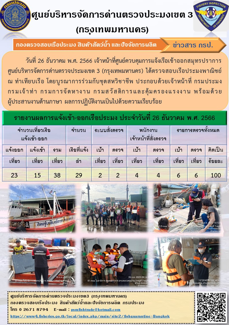 ประชาสัมพันธ์ศูนย์บริหารจัดการด่านตรวจประมงเขต 3 (กรุงเทพมหานคร) ประจำวันที่ 27 ธันวาคม 2566..คลิก