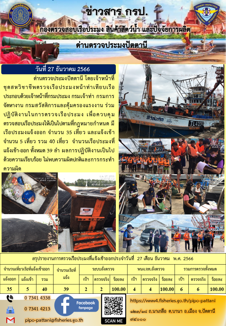 ข่าวสารการปฏิบัติงาน ด่านตรวจประมงปัตตานี วันที่  27 ธันวาคม 2566..คลิก