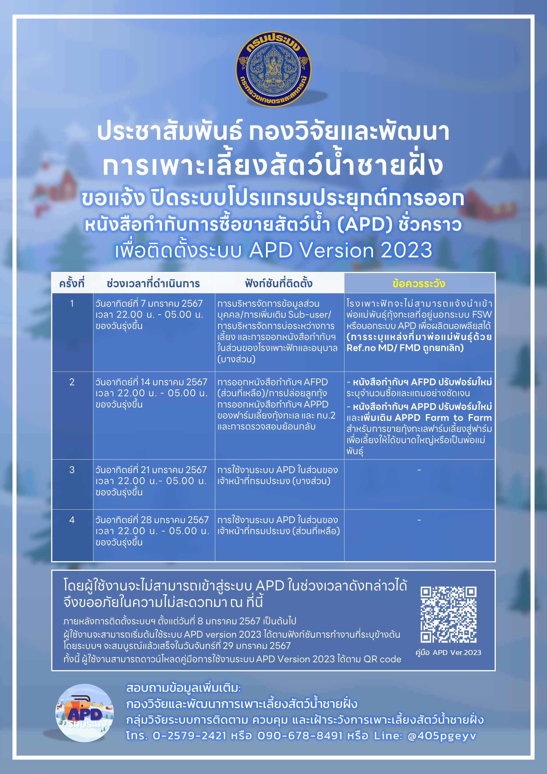 แจ้งปิดระบบโปรแกรมประยุกต์การออกหนังสือกำกับการซื้อขายสัตว์น้ำ (APD) ชั่วคราว..คลิก