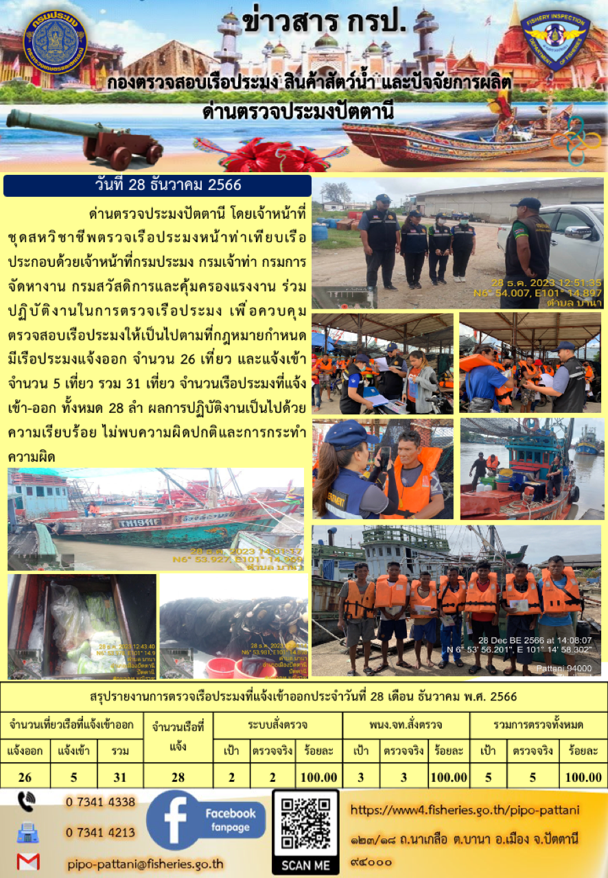 ข่าวสารการปฏิบัติงาน ด่านตรวจประมงปัตตานี วันที่ 28 ธันวาคม 2566..คลิก