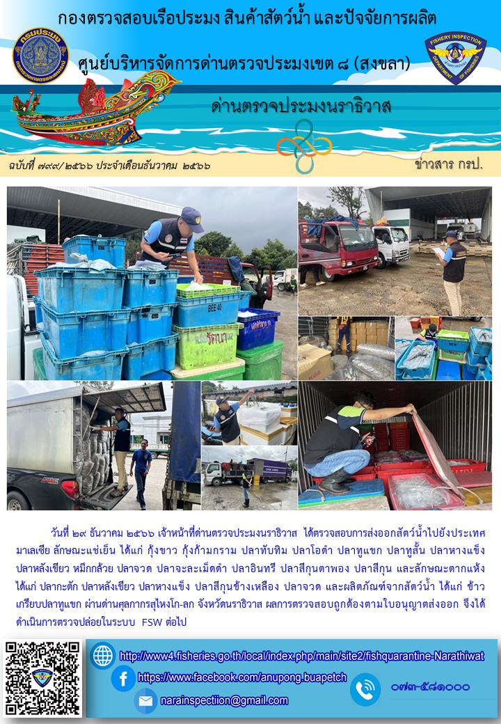 ประชาสัมพันธ์ด่านตรวจประมงนราธิวาส ประจำวันที่ 29 ธันวาคม 2566..คลิก