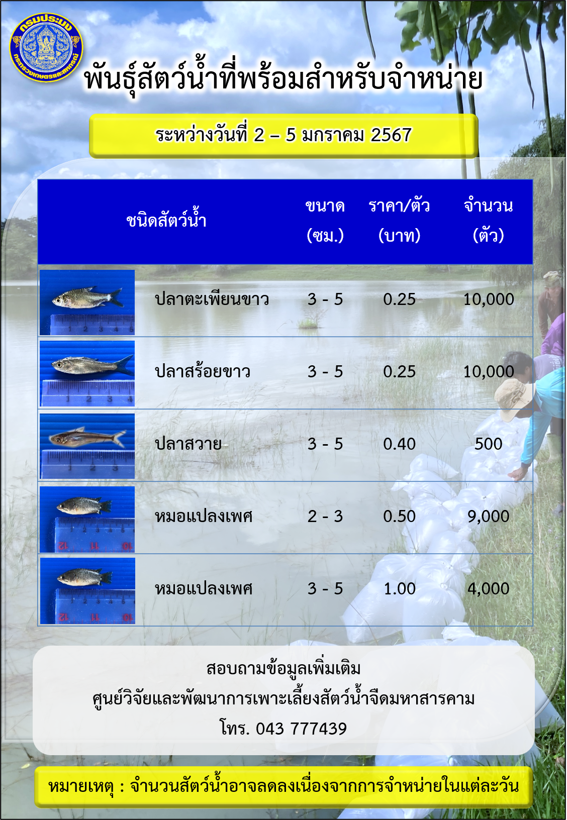 พันธุ์สัตว์น้ำที่พร้อมสำหรับจำหน่าย ระหว่างวันที่ 2 – 5 มกราคม 2567..คลิก