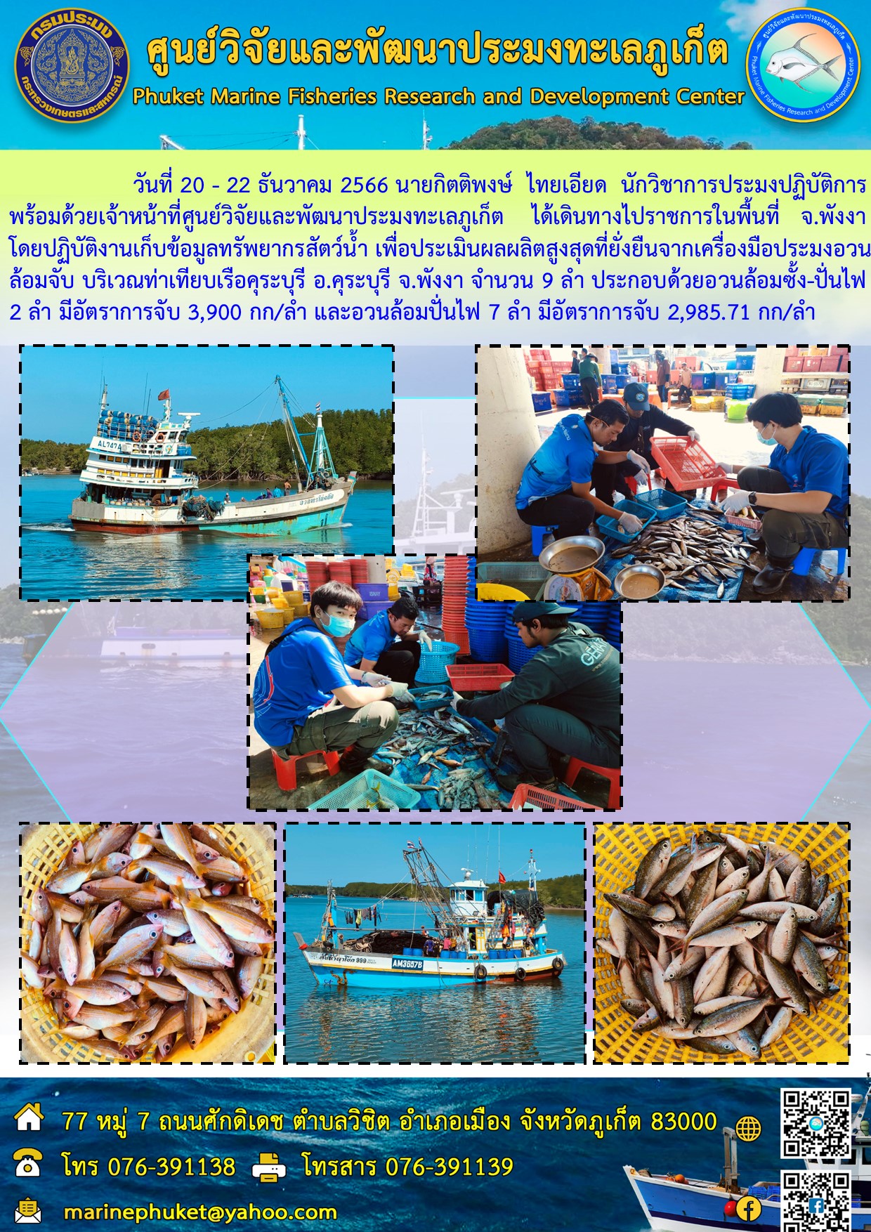 วันที่ 20-22 ธันวาคม 2566 นายกิตติพงษ์ ไทยเอียด นักวิชาการประมงปฏิบัติการพร้อมด้วยเจ้าหน้าที่ศูนย์วิจัยและพัฒนาประมงทะเลภูเก็ต ได้เดินทางไปราชการในพื้นที่ จ.พังงา โดยปฏิบัติงานเก็บข้อมูลทรัพยากรสัตว์น้ำ เพื่อประเมินผลผลิตสูงสุดที่ยั่งยืนจากเครื่องมือประมงอวนล้อมจับ บริเวณท่าเทียบเรือคุระบุรี อ.คุระบุรี จ.พังงา จำนวน 9 ลำ ประกอบด้วยอวนล้อมซั้ง-ปั่นไฟ 2 ลำ มีอัตราการจับ 3,900 กก.ลำ และอวนล้อมปั่นไฟ 7 ลำ มีอัตราการจับ 2,985.71 กก/ลำ..คลิก