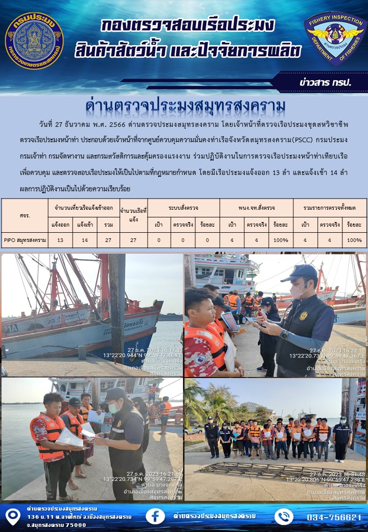 สถิติการแจ้งเข้า - ออกเรือประมงพาณิชย์ ด่านตรวจประมงสมุทรสงคราม ประจำวันที่ 27 ธันวาคม 2566..คลิก