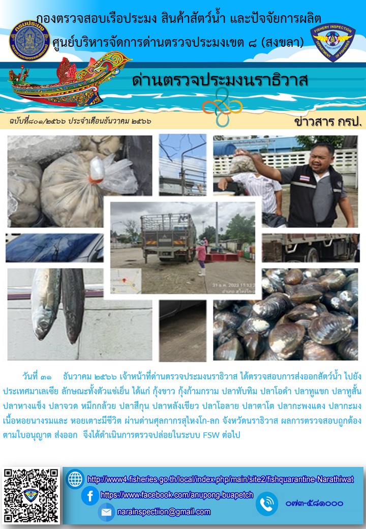 ประชาสัมพันธ์ด่านตรวจประมงนราธิวาส ประจำวันที่ 31 ธันวาคม 2566..คลิก