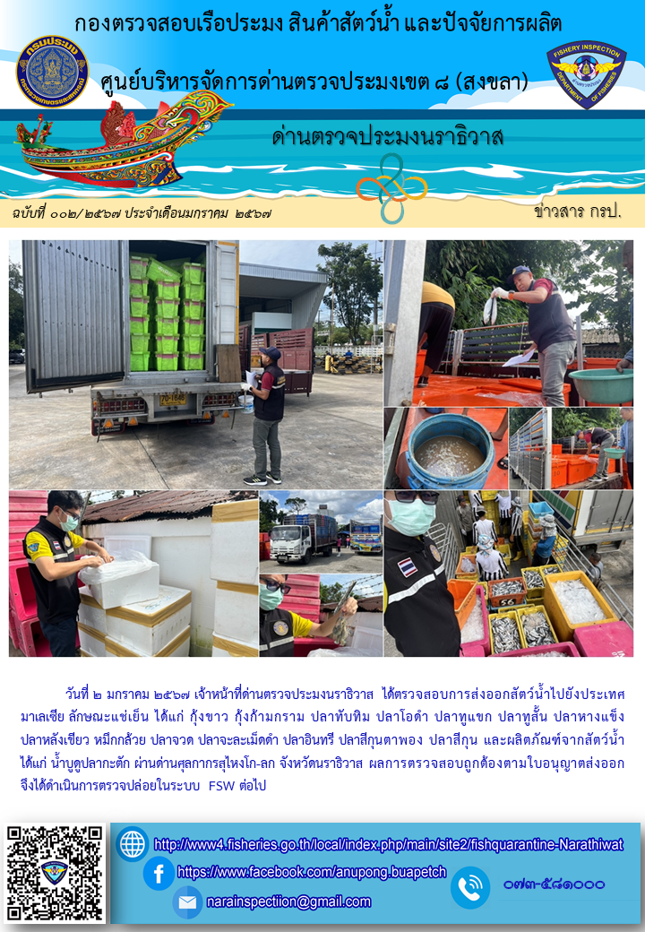 ประชาสัมพันธ์ด่านตรวจประมงนราธิวาส ประจำวันที่ 2 มกราคม 2567..คลิก