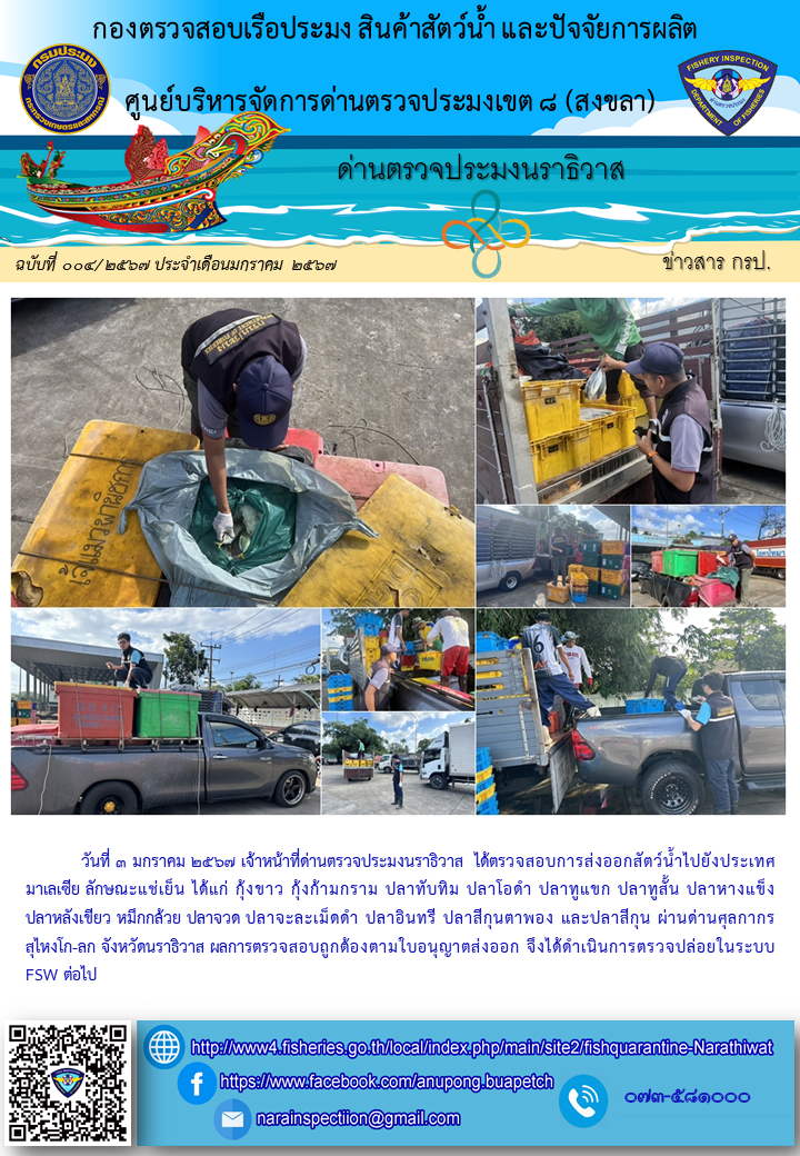 ประชาสัมพันธ์ด่านตรวจประมงนราธิวาส ประจำวันที่ 3 มกราคม 2567..คลิก