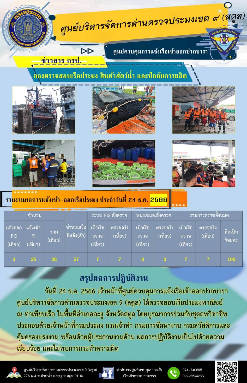 ประชาสัมพันธ์การปฏิบัติงานศูนย์บริหารจัดการด่านตรวจประมงเขต 9 (สตูล) ในห้วงวันที่ 23-31 ธันวาคม 2566