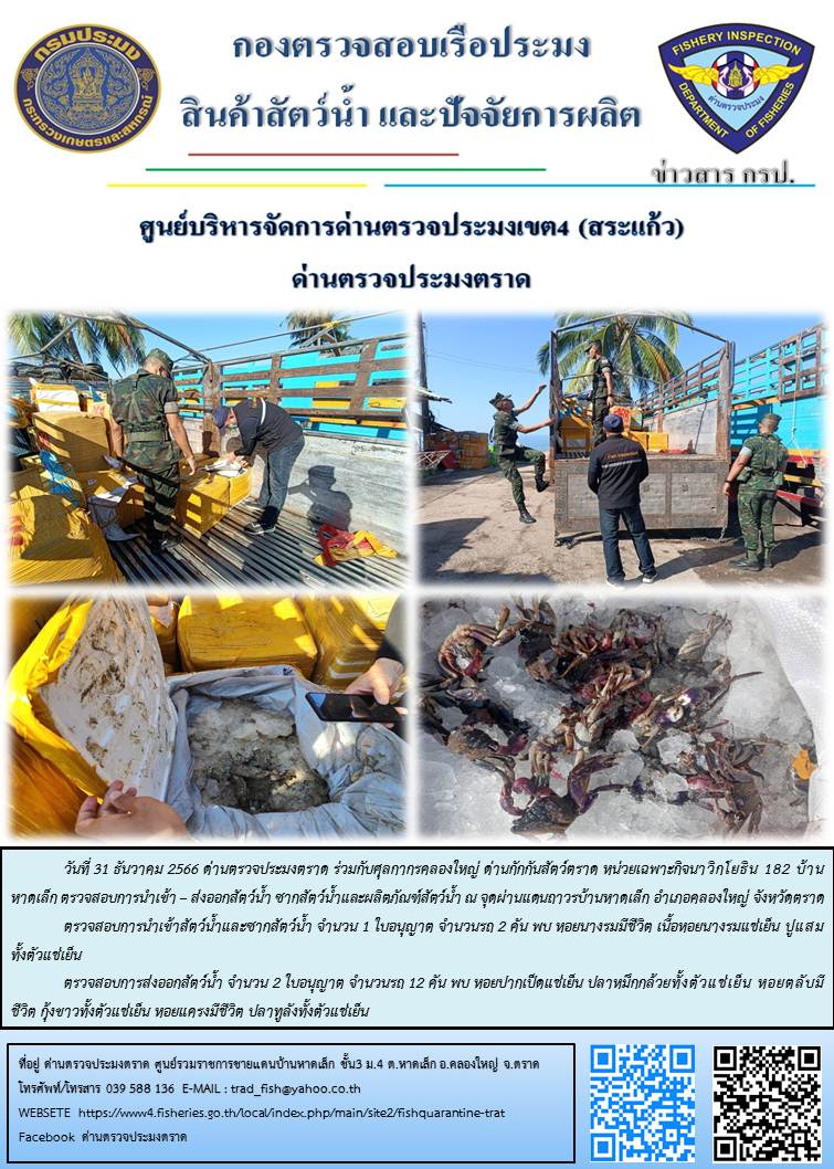 ผลการปฏิบัติงานส่วนงานควบคุมการนำเข้า - ส่งออกสัตว์น้ำ ซากสัตว์น้ำและผลิตภัณฑ์สัตว์น้ำ ด่านตรวจประมงตราด ประจำวันที่ 31 ธันวาคม 2566..คลิก
