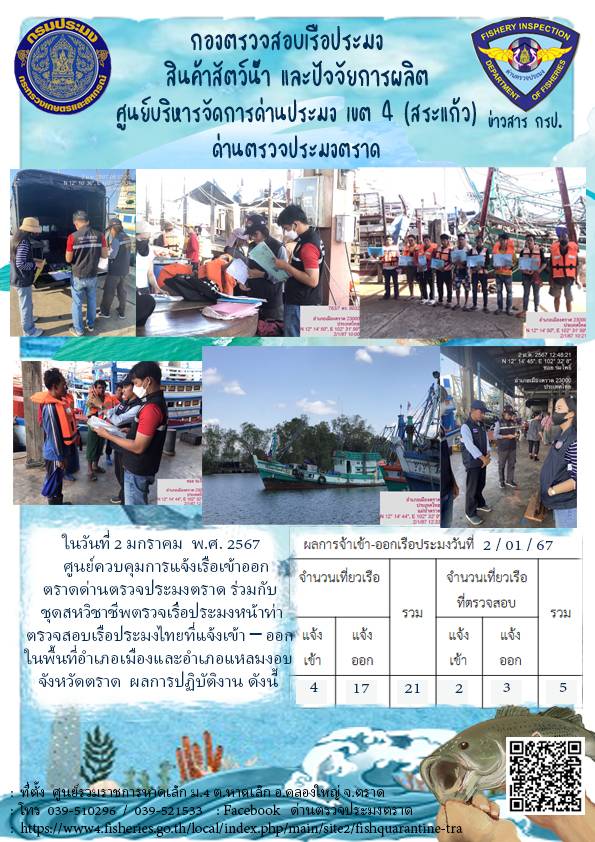 ผลการปฏิบัติงานของศูนย์ควบคุมการแจ้งเรือเข้าออกตราด ด่านตรวจประมงตราด ประจำวันที่ 2 มกราคม 2567..คลิก