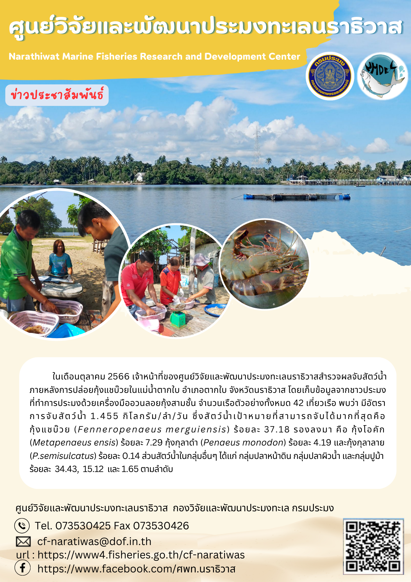 การสำรวจสภาวะทรัพยากรประมงกุ้งแชบ๊วย  เดือนตุลาคม  2566 ในพื้นที่ อำเภอตากใบ จ.นราธิวาส..คลิก